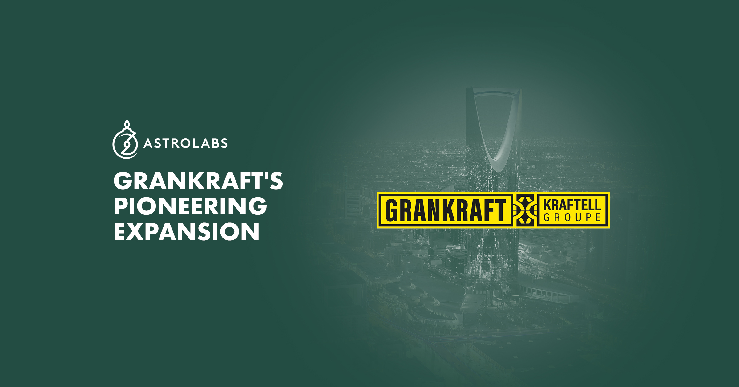 A picture of Riyadh city, with the logo of Grankraft, and a title, Grankraft pioneering expansion, focusing on how Grankraft has become a leading company in the Saudi construction market