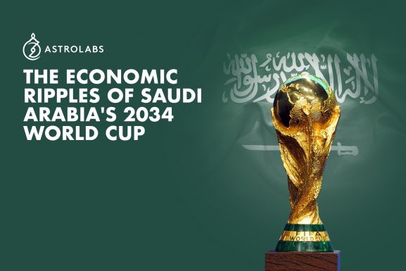 "The Economic Ripples of Saudi Arabia's 2034 World Cup", with the World Cup statue in front of the Saudi Arabia flag