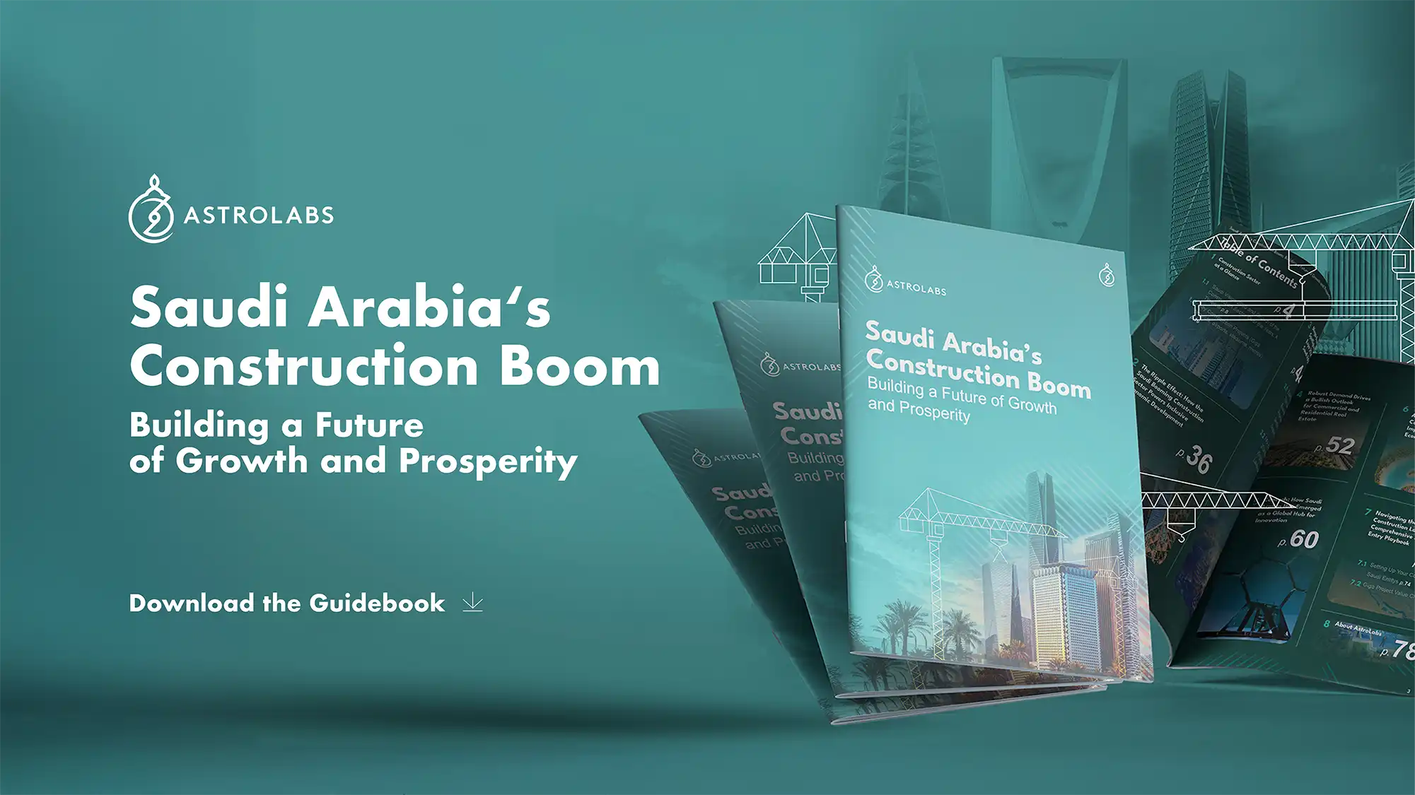 Saudi construction sector guidebook mockup with Riyadh skyline as backdrop