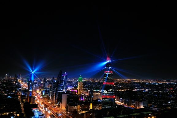 Skyline of Riyadh with lights for Noor festival event