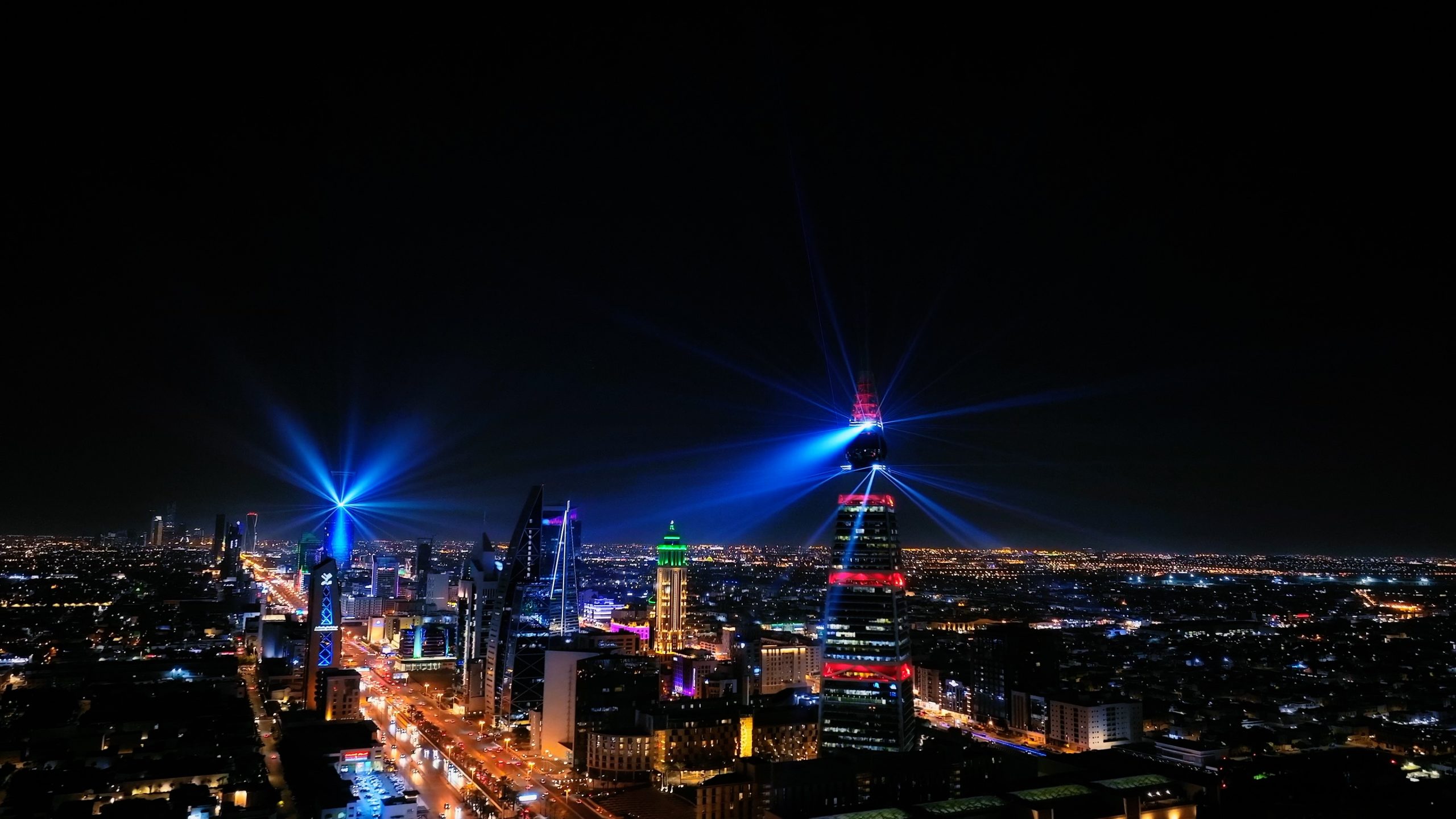 Skyline of Riyadh with lights for Noor festival event